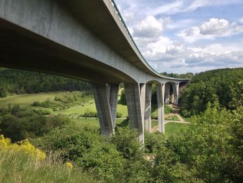 Bridge over river against cloudy sky