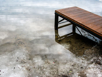 Close-up of pier on frozen lake