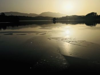 Scenic view of lake against sky during sunset