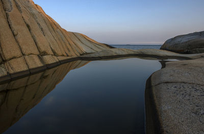 Scenic view of rocks and sea against clear sky