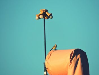 Low angle view of bird perching on flying windsock against clear sky