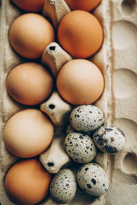 Easter eggs close up. chicken and quail eggs catholic and orthodox easter holiday