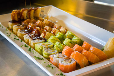 High angle view of sushi in plate on table