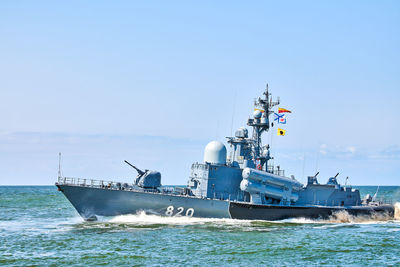 Large missile boat during naval exercises at navy day, guided missile destroyer in baltic sea