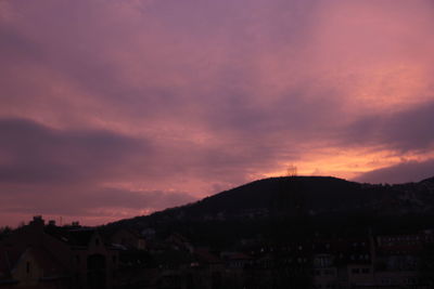 Scenic view of mountains against sky at sunset