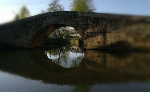 Reflection of bridge in water against sky