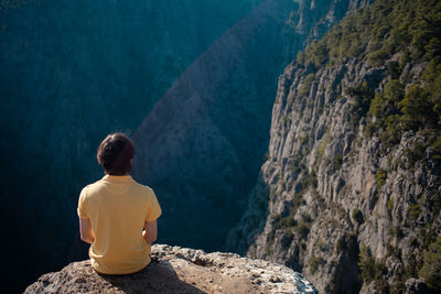 Rear view of man sitting on rock