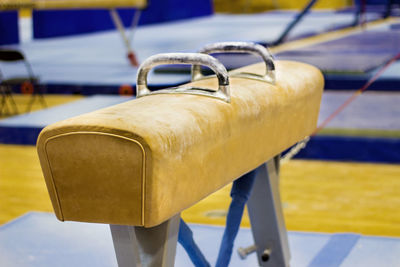 Close-up of empty deck chairs