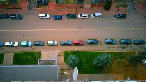 High angle view of cars on road in city