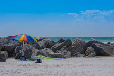 Panoramic view of rocks on beach against sky