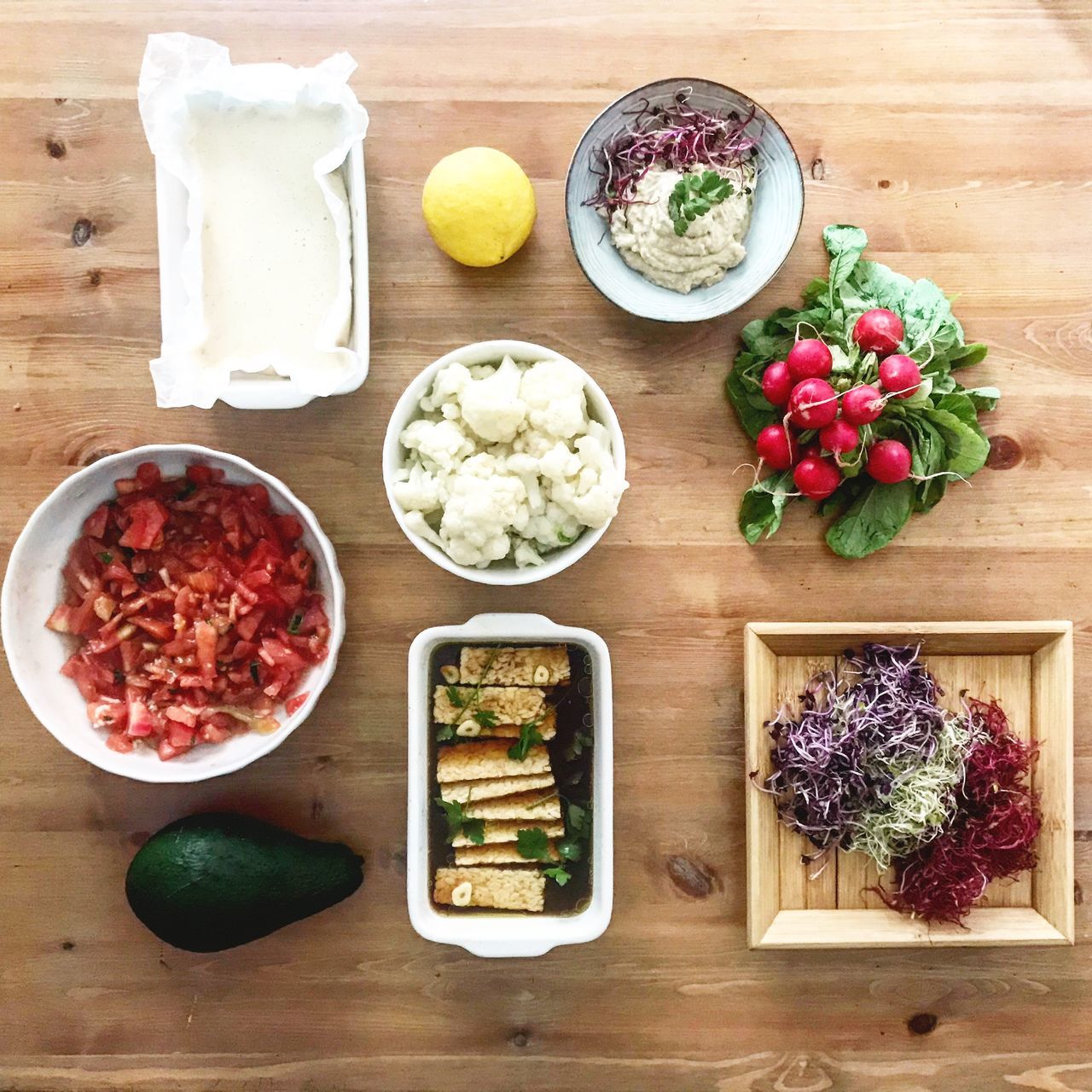 food and drink, food, freshness, healthy eating, table, wellbeing, bowl, indoors, directly above, high angle view, vegetable, ready-to-eat, variation, choice, fruit, still life, cutting board, no people, wood - material, meal, tray, dip