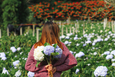 Rear view of woman standing by flowering plants