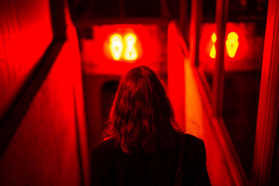 Rear view of woman looking through window