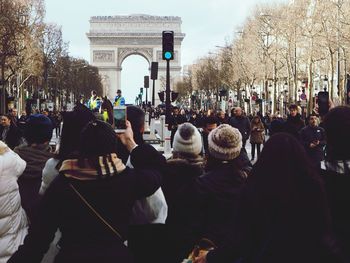 Crowd in front of city