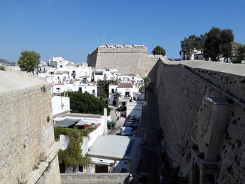 View of town against blue sky