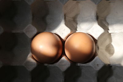 High angle view of two eggs