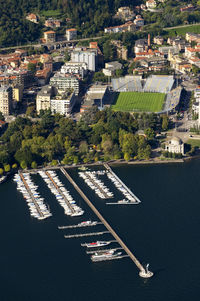 High angle view of sea against built structures