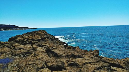 Scenic view of sea against clear blue sky