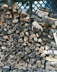 Stacked logs against fence