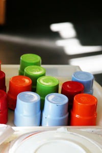 Close-up of multi colored candies on table