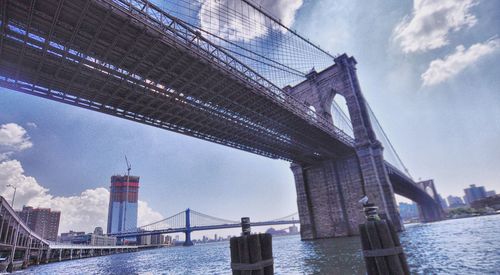 Bridge over river in city against sky