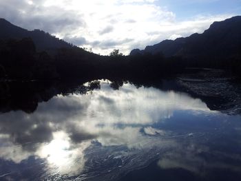 Scenic view of lake and mountains against sky