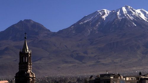 Panoramic view of cathedral and mountains against sky