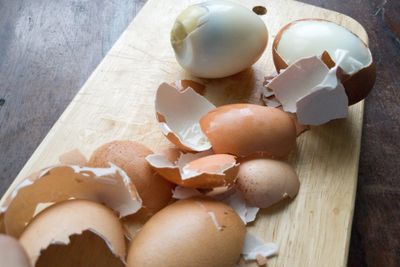 High angle view of boiled egg on table