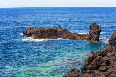 Scenic view of rocks in sea against sky