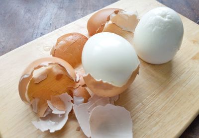 High angle view of shells on table