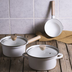 High angle view of kitchen utensils on table