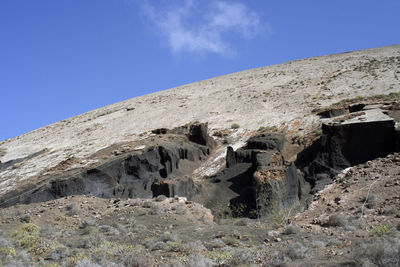 Low angle view of rocky mountain against blue sky