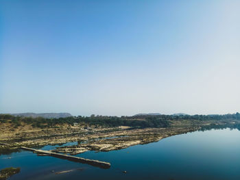 Scenic view of lake against clear blue sky
