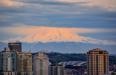 Scenic view of snowcapped mountains against sky during sunset