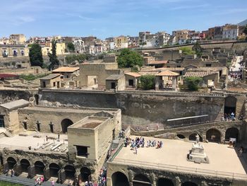 High angle view of tourists in town