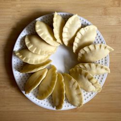 High angle view of fruit in plate on table
