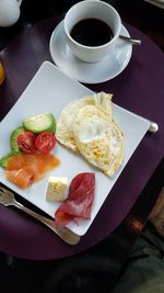 High angle view of breakfast on table