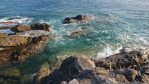 High angle view of rocks on shore