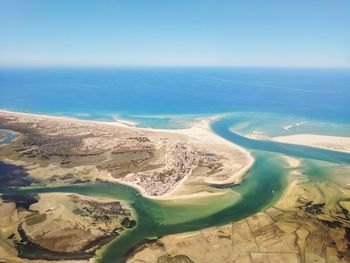 Aerial view of sea against clear blue sky