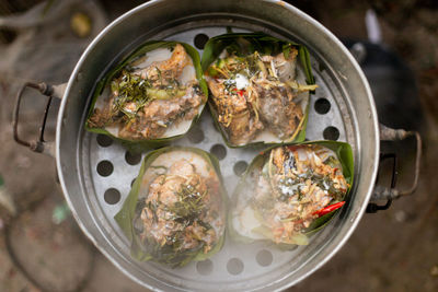 High angle view of food in plate