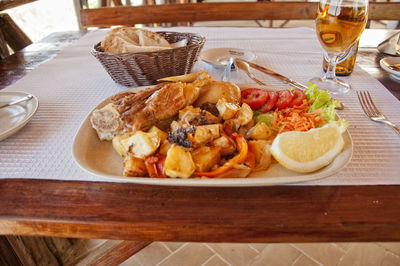 High angle view of food served on table