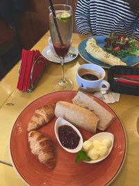 High angle view of breakfast served on table