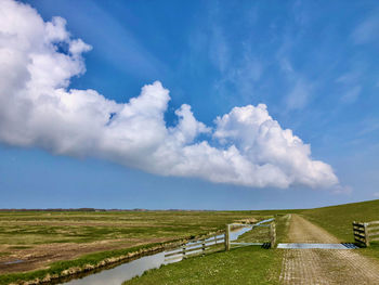 Empty road amidst field against sky