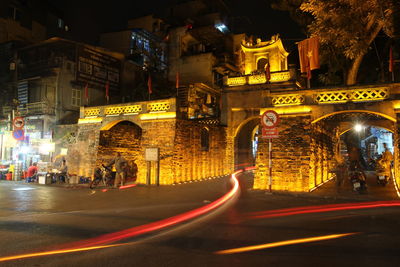 View of city lit up at night