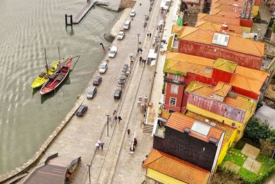 High angle view of boats in city