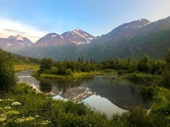 Scenic view of lake and mountains against sky