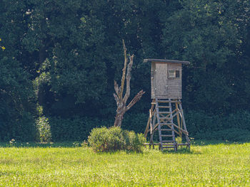 Hunter's stand on field against trees in forest