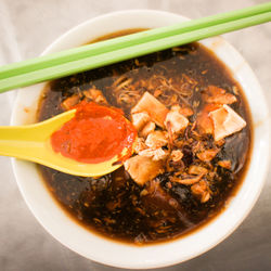 High angle view of soup in bowl