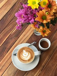 High angle view of cappuccino on table