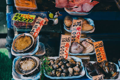 High angle view of food for sale at market stall